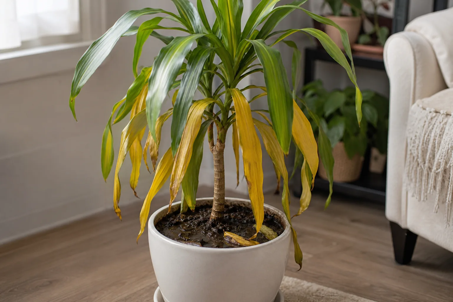Overwatering on Corn Plant - visible symptom on the plant