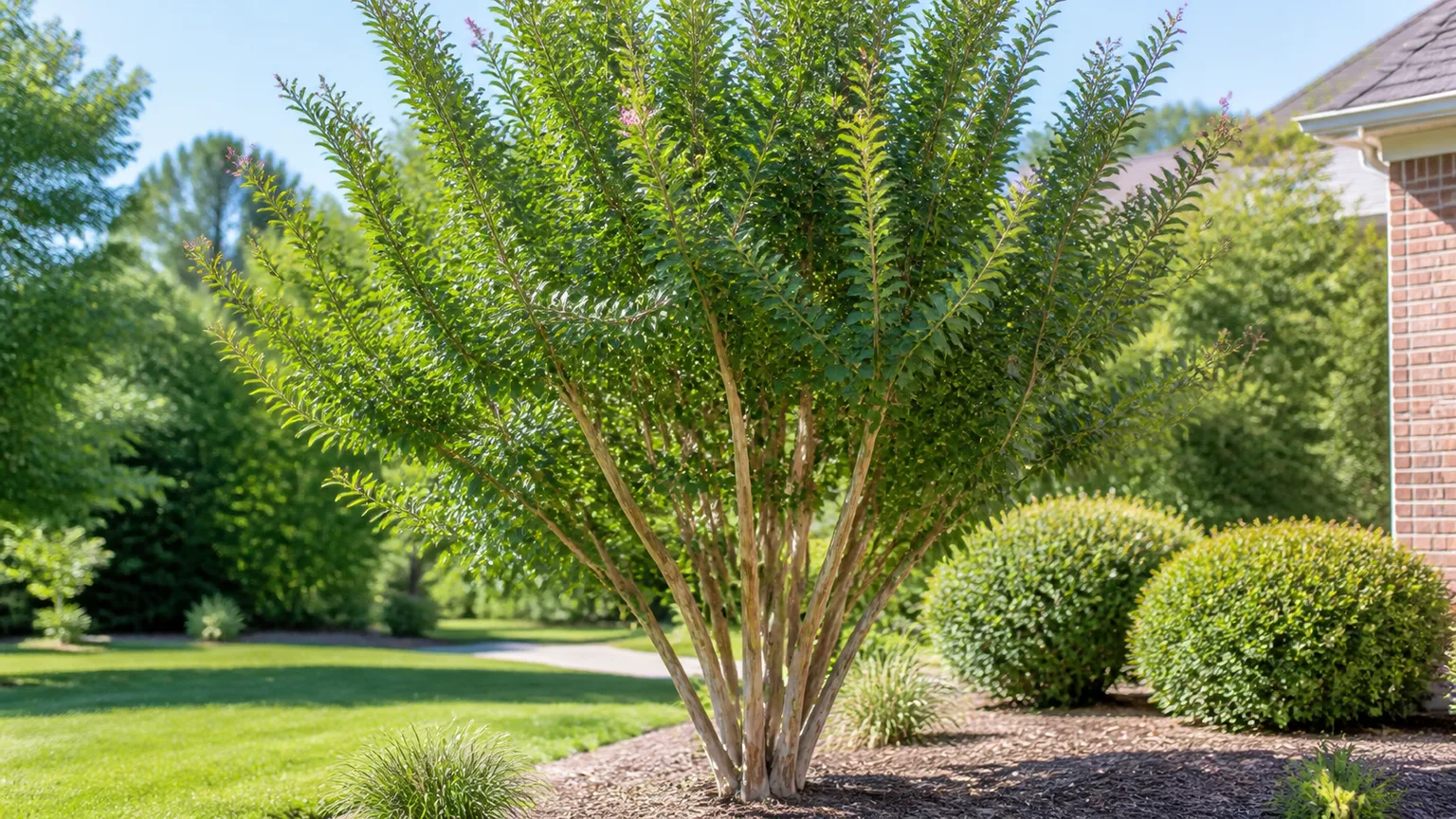 Crepe myrtle with healthy green foliage and sparse flowers in a sunny home garden