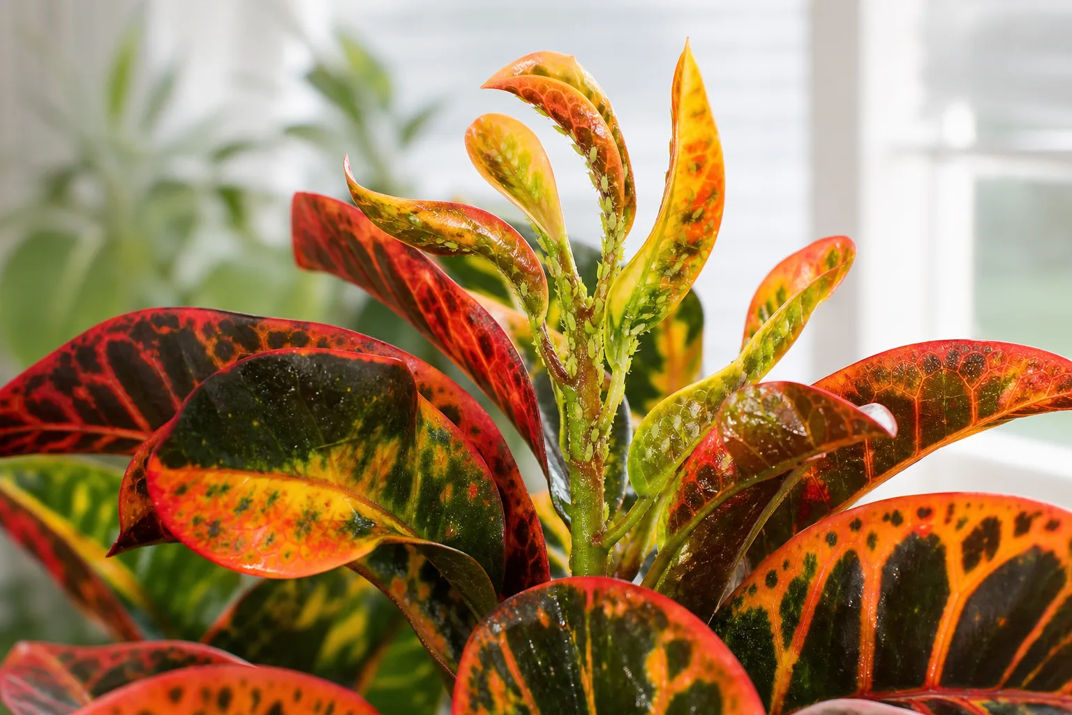 Aphids on Croton - pear-shaped insects clustered on colorful new shoots with sticky honeydew
