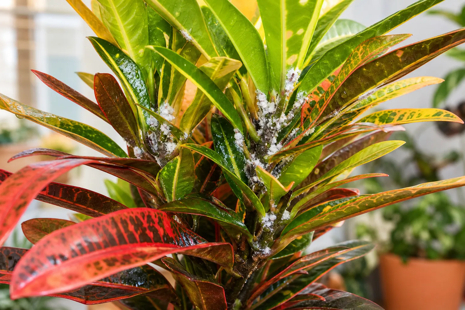 Mealybugs on Croton - white cottony clusters in leaf axils and crown with sticky honeydew