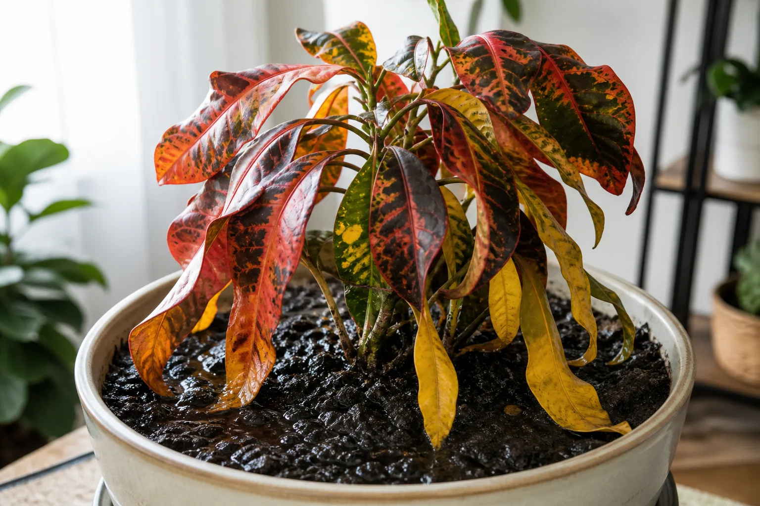 Overwatering on Croton - limp colorful leaves on damp potting mix with yellow lower foliage