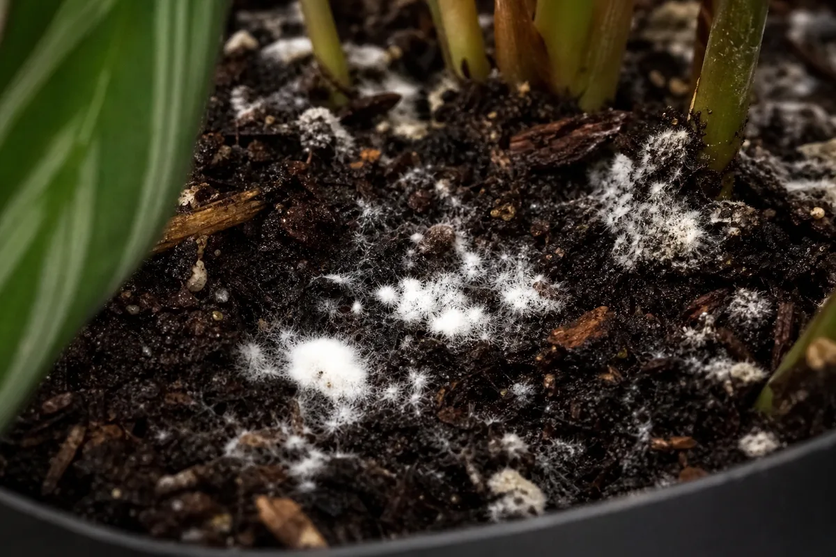 Close-up of Mold on Soil on Ctenanthe - diagnostic detail