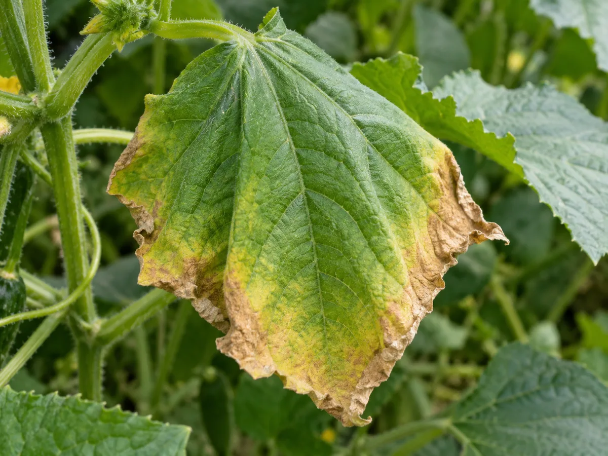 A cucumber leaf with early yellowing and dry margins on an otherwise green outdoor vine