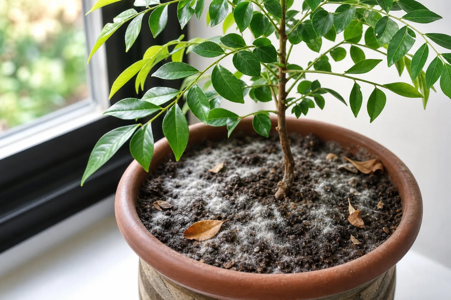 Mold on Soil on Curry Leaf Plant - visible symptom on the plant