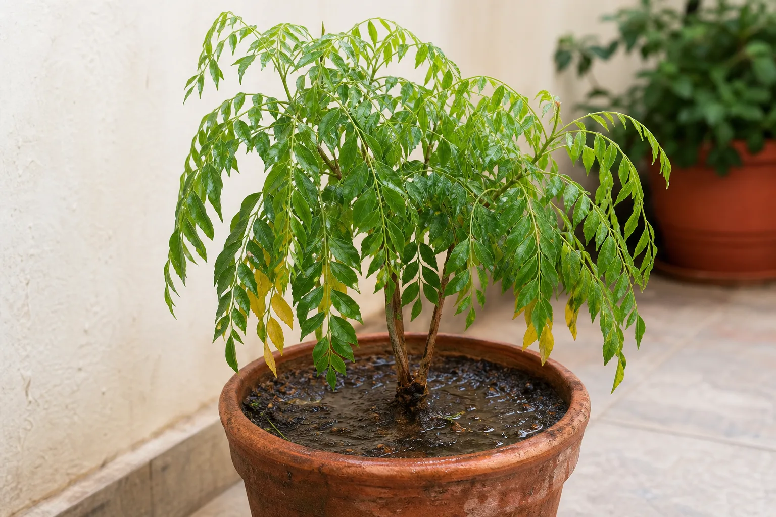 Overwatering on Curry Leaf Plant - visible symptom on the plant