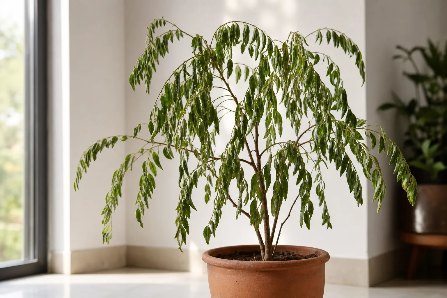 Wilting on curry leaf plant - limp drooping compound leaf clusters on a potted Murraya koenigii