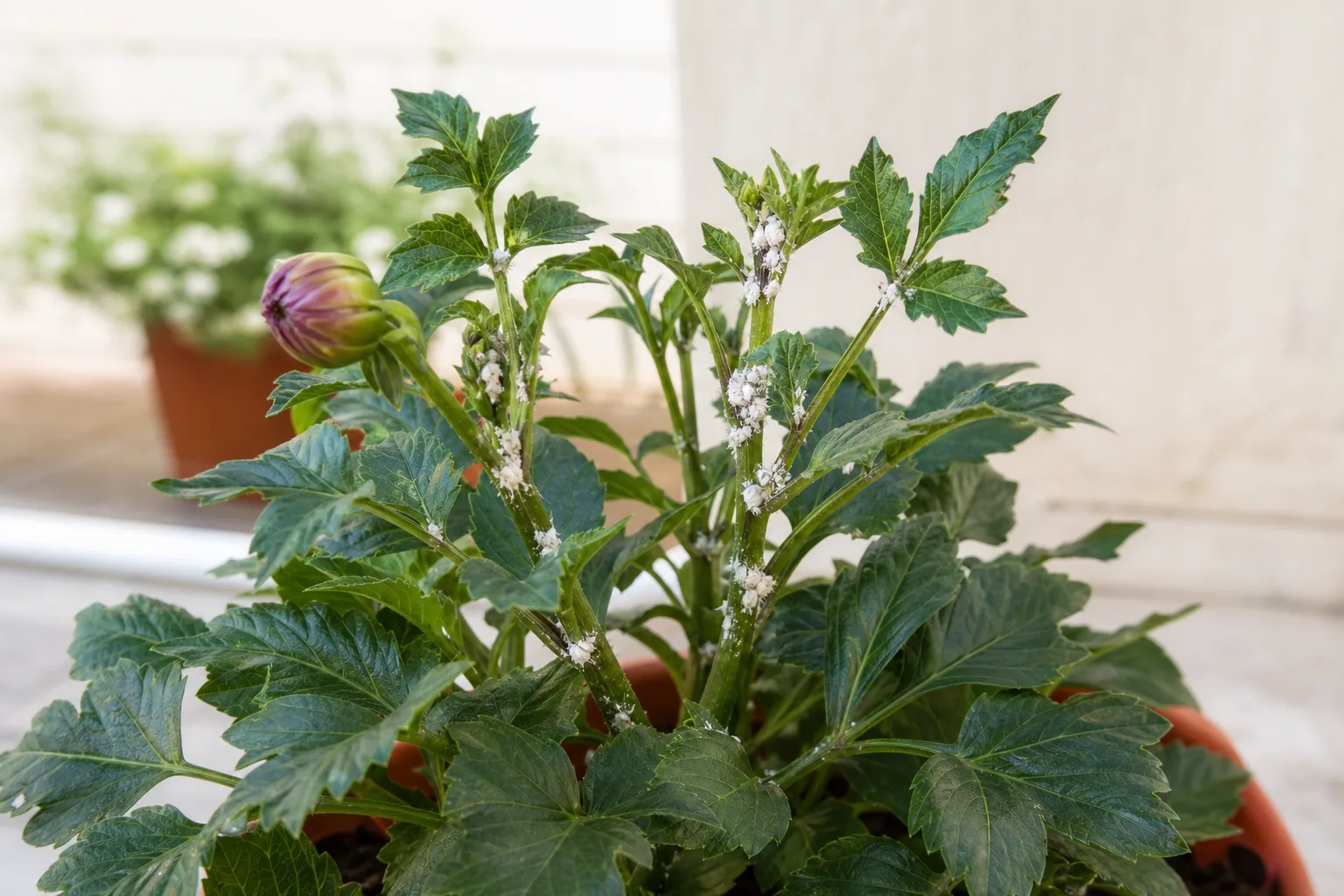 Mealybugs on dahlia - white cottony clusters in leaf axils and stem joints