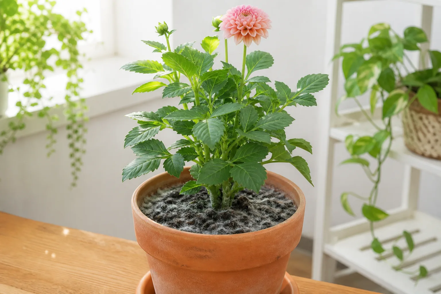Mold on soil on dahlia - white fuzzy film on damp potting mix in a container