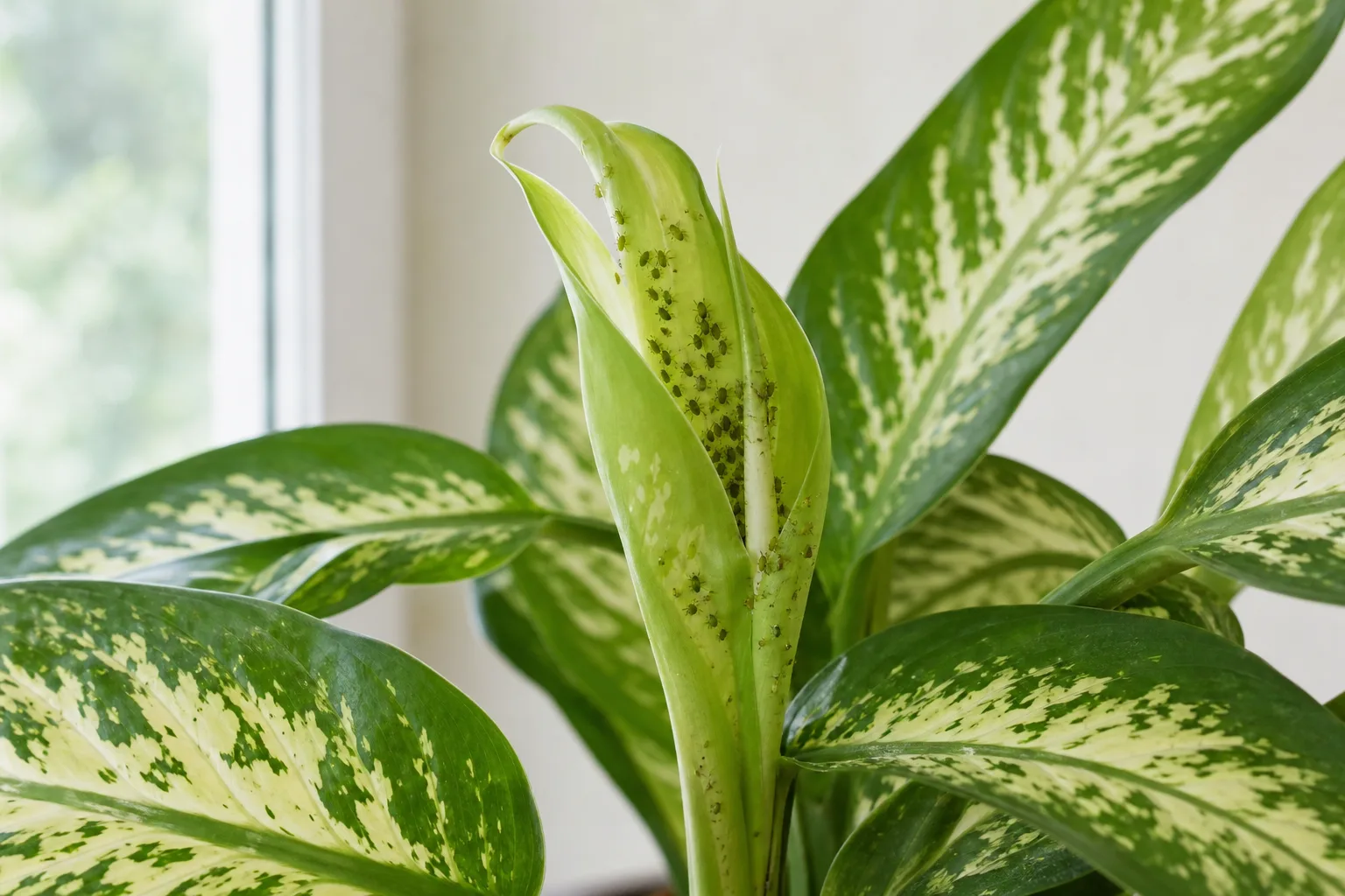 Aphids on Dieffenbachia - visible symptom on the plant