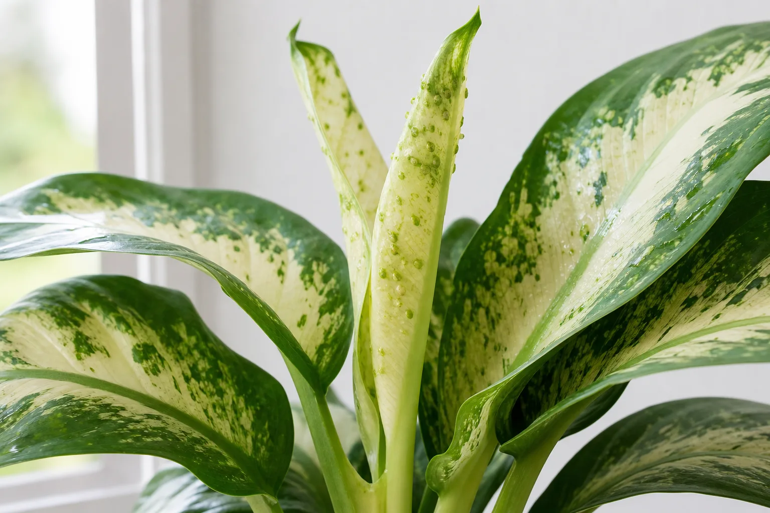 Aphids on dieffenbachia Camille - green insects clustered on cream-centered crown leaves