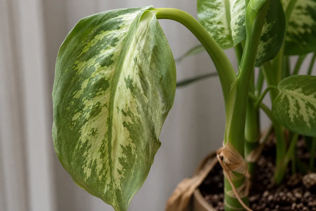 Close-up of Drooping Leaves on Dieffenbachia Camille - diagnostic detail