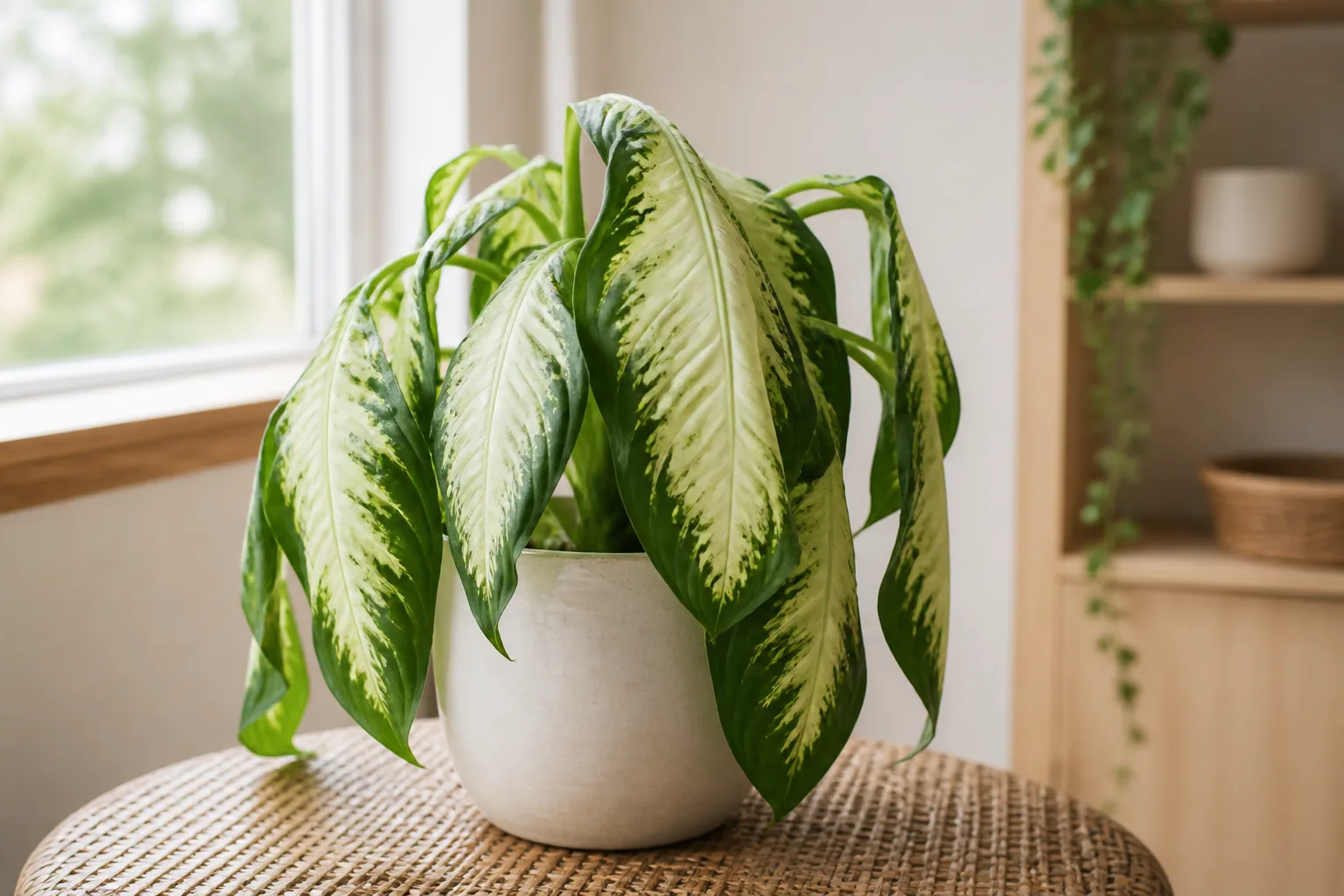 Drooping Leaves on Dieffenbachia Camille - visible symptom on the plant