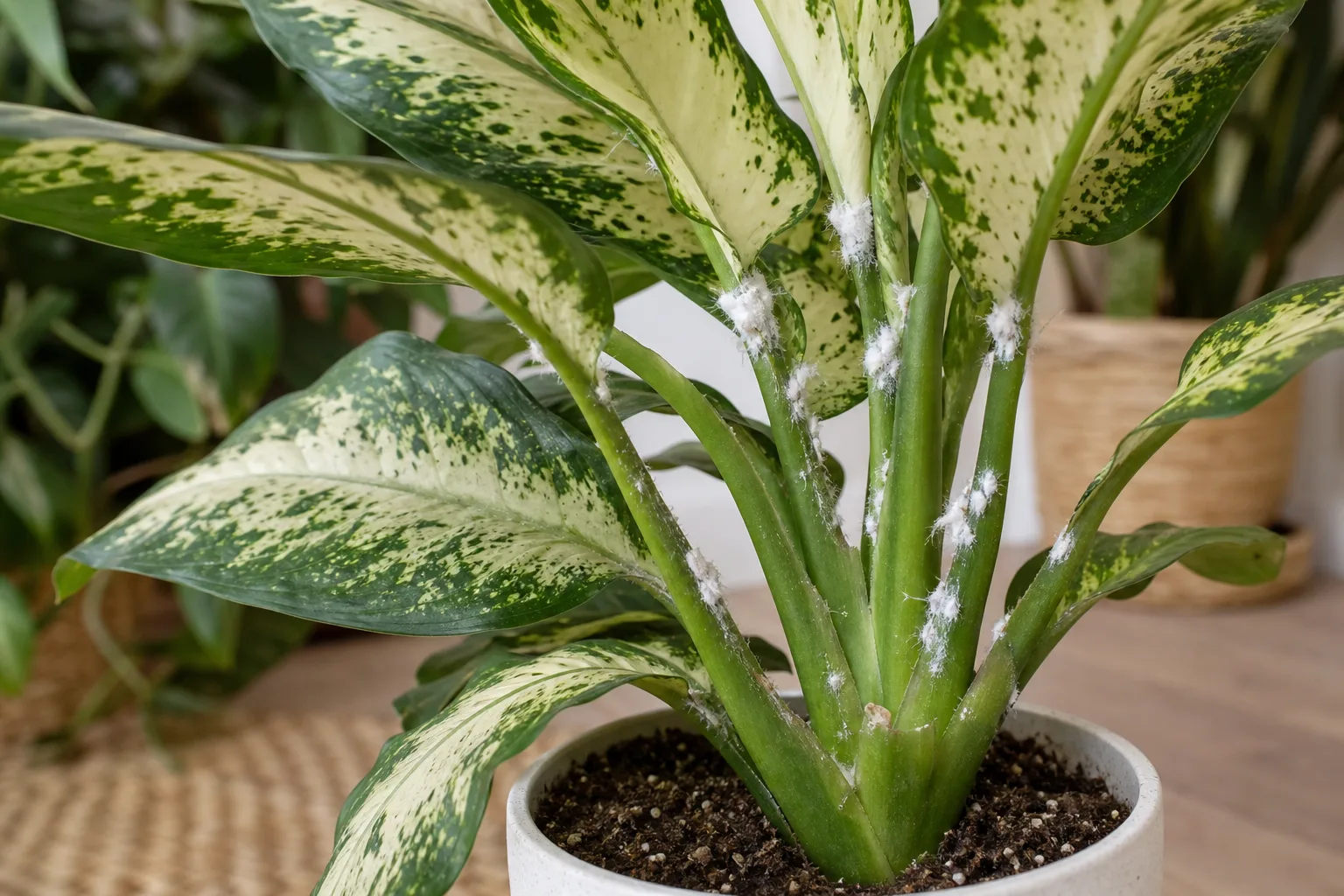Mealybugs on Dieffenbachia Camille - visible symptom on the plant
