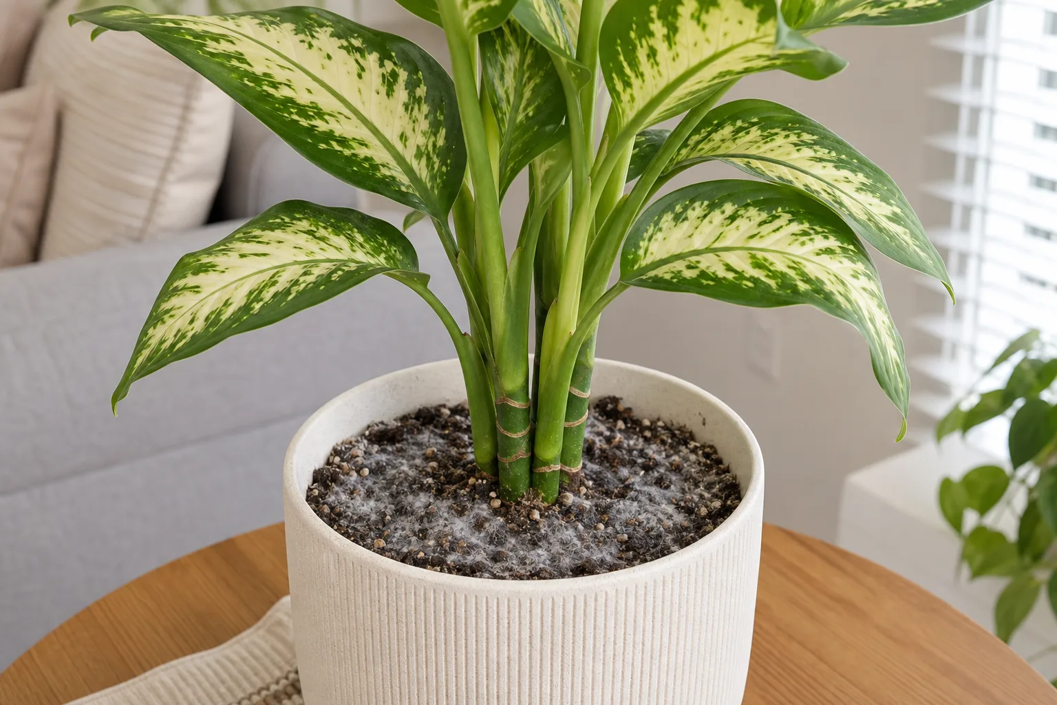 Mold on soil on dieffenbachia Camille - white fuzz on damp mix around upright canes