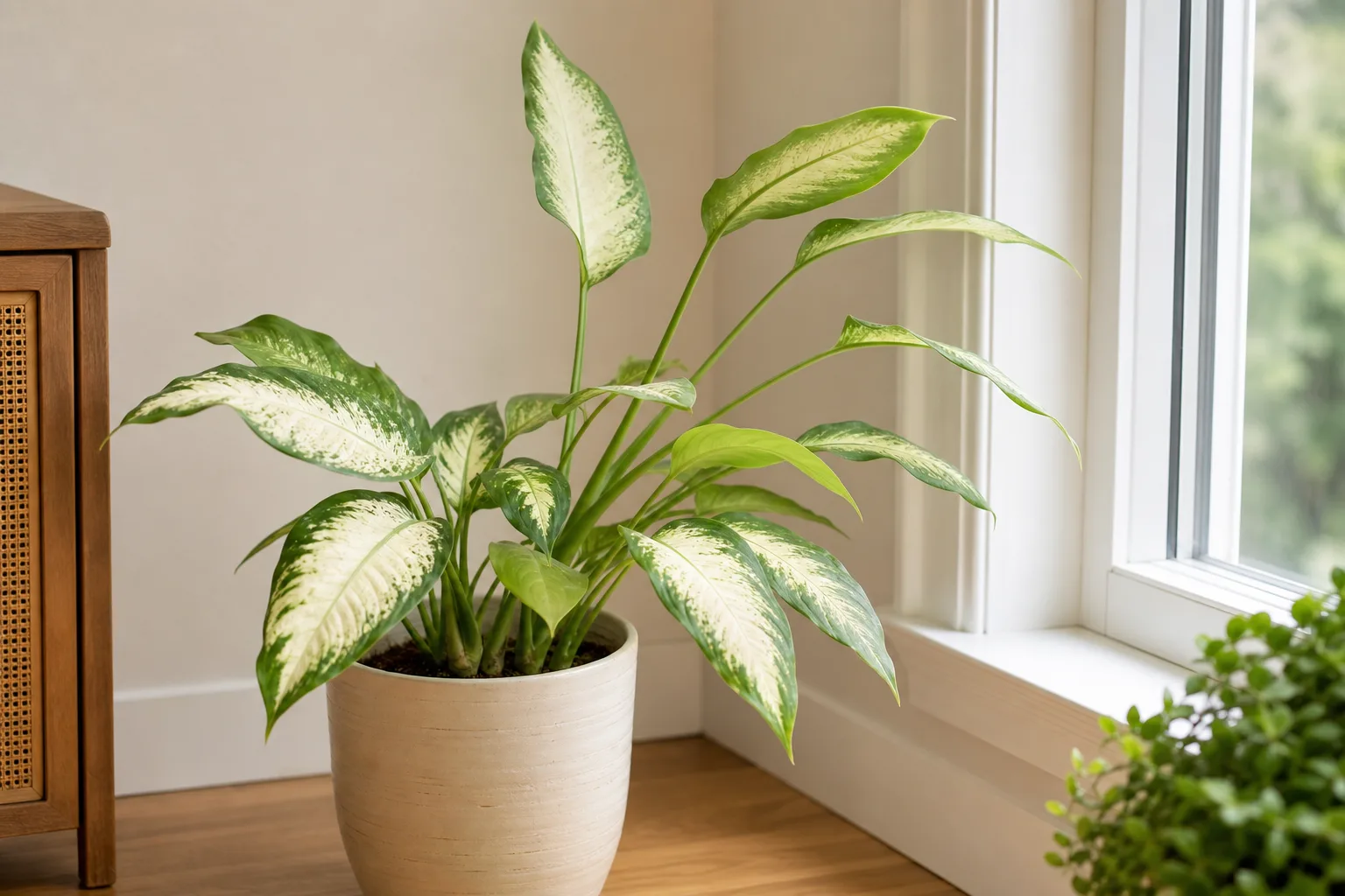 Not enough light on Dieffenbachia Camille - green new leaves with faded cream centers and elongated petioles