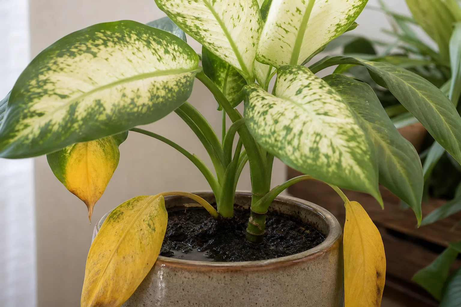 Overwatering on Dieffenbachia Camille - visible symptom on the plant
