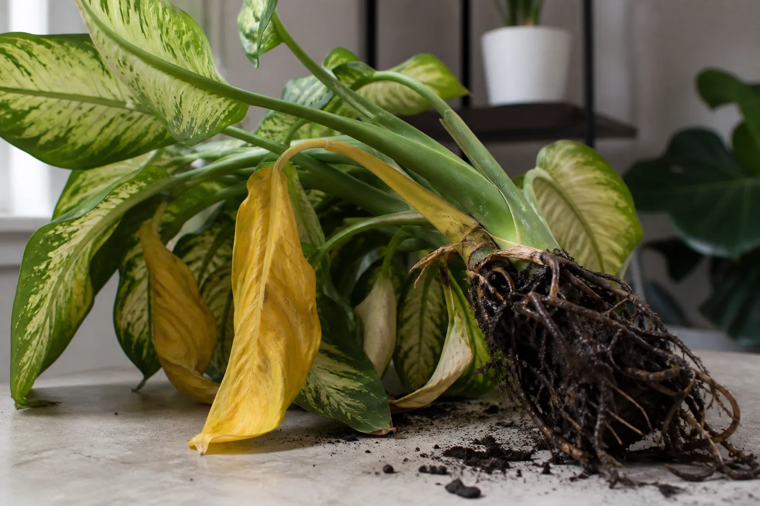 Root Rot on Dieffenbachia Camille - visible symptom on the plant