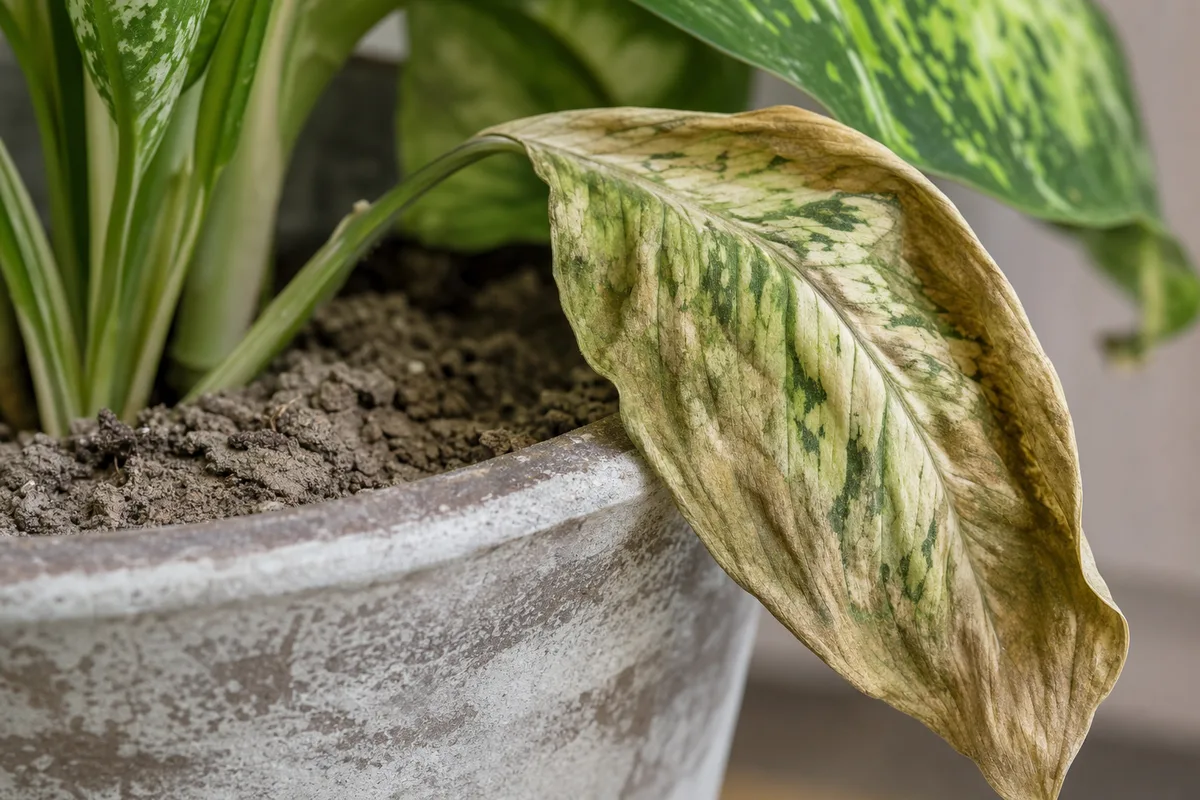 Close-up of Underwatering on Dieffenbachia Camille - diagnostic detail