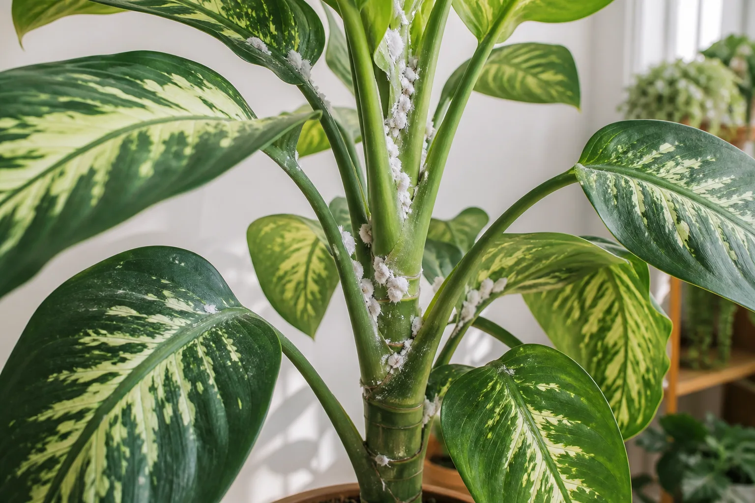 Mealybugs on dieffenbachia - white cottony clusters in leaf axils along the upright cane
