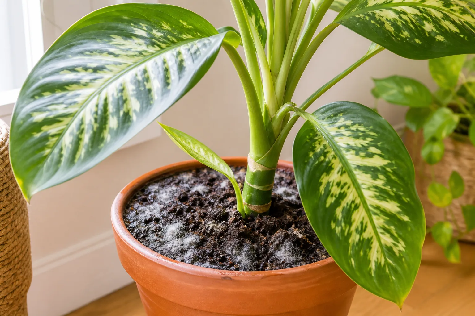 Mold on soil on dieffenbachia - white fuzzy patches on damp potting mix at the cane base