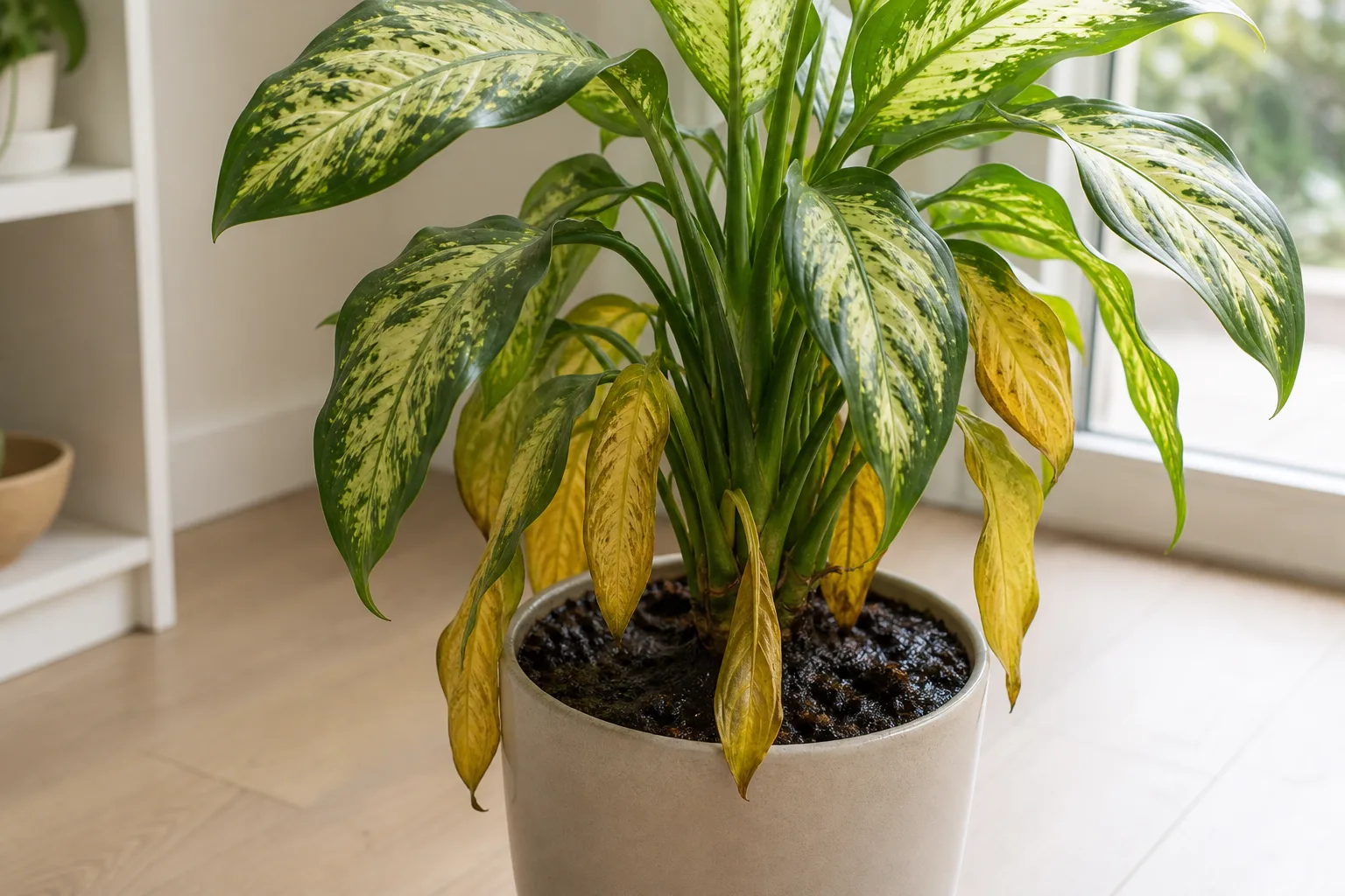 Overwatering on Dieffenbachia - visible symptom on the plant