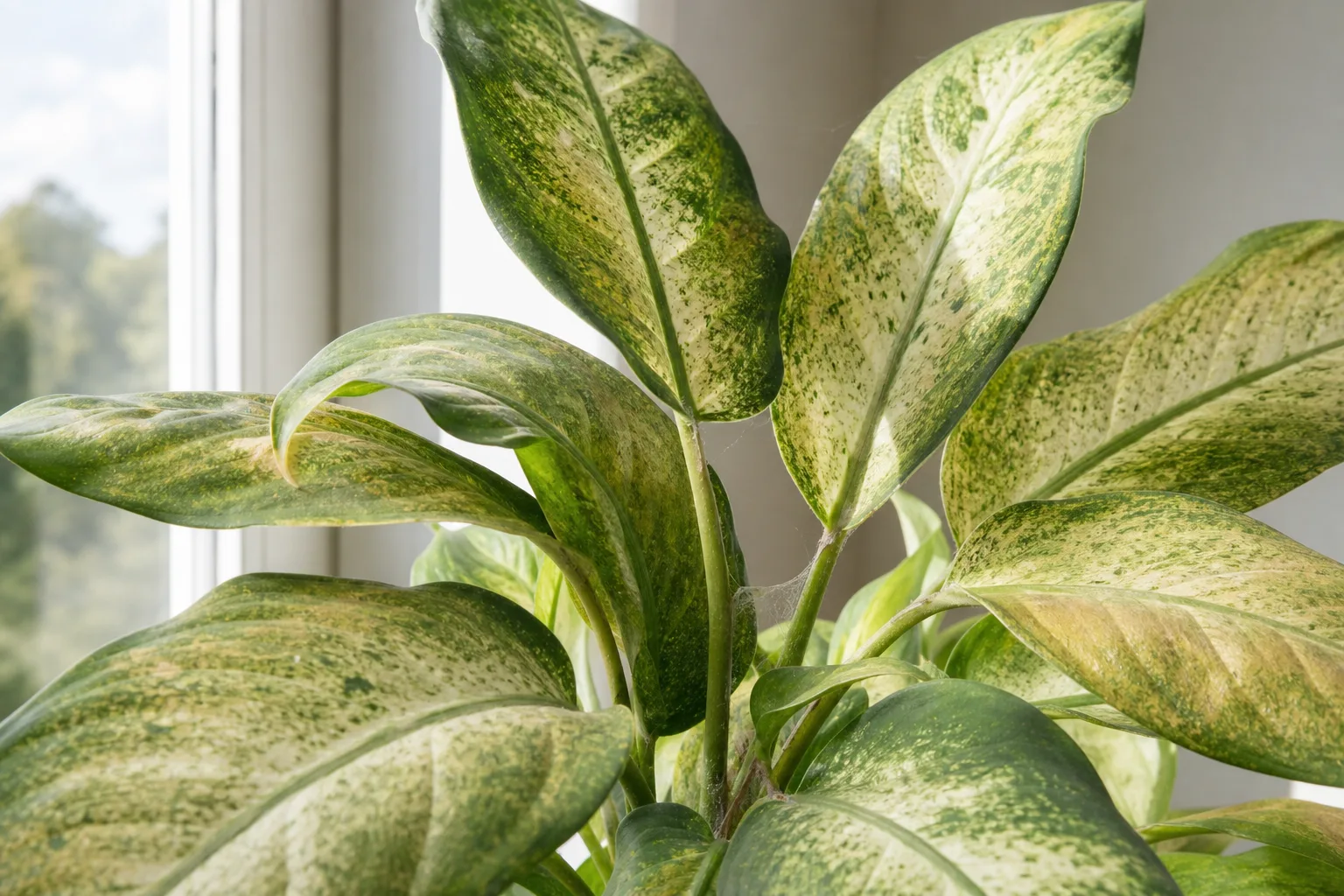 Spider mites on dieffenbachia - fine stippling and delicate webbing on broad arching leaves