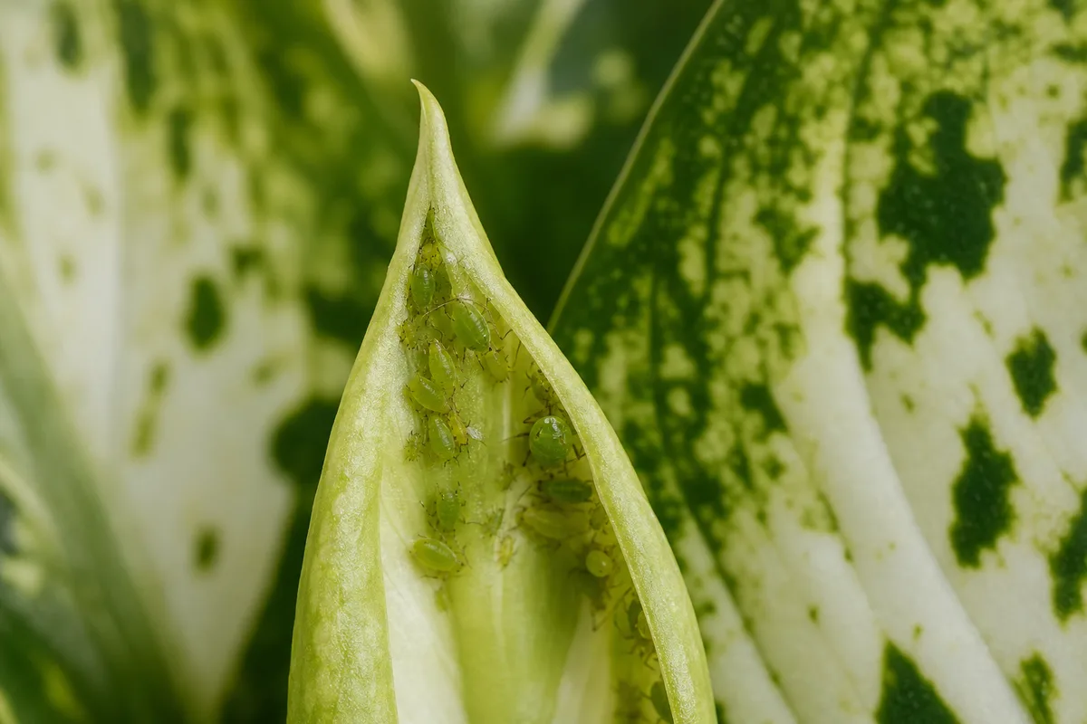 Close-up of Aphids on Dieffenbachia Tropic Snow - diagnostic detail