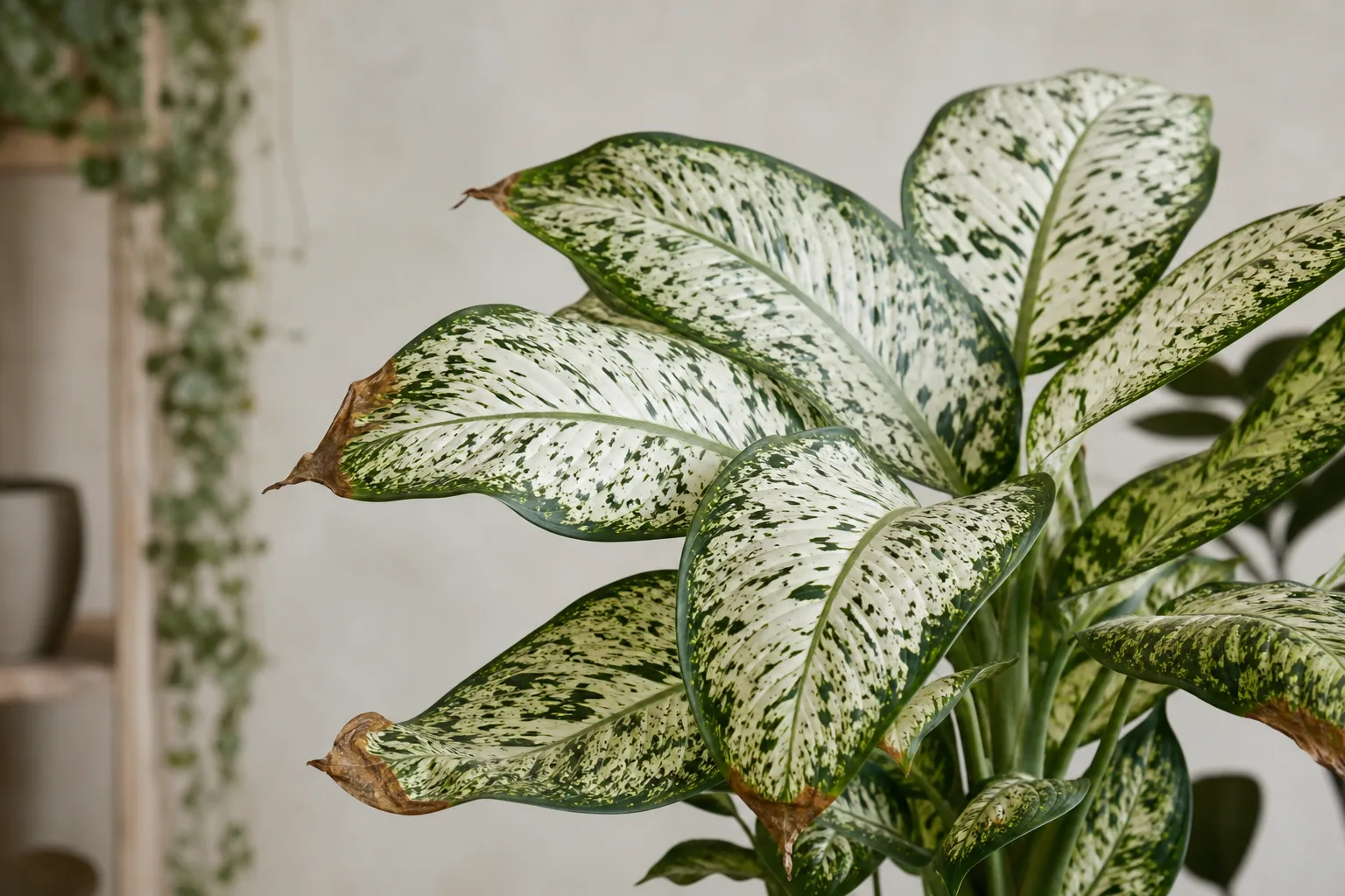 Brown Tips on Dieffenbachia Tropic Snow - visible symptom on the plant