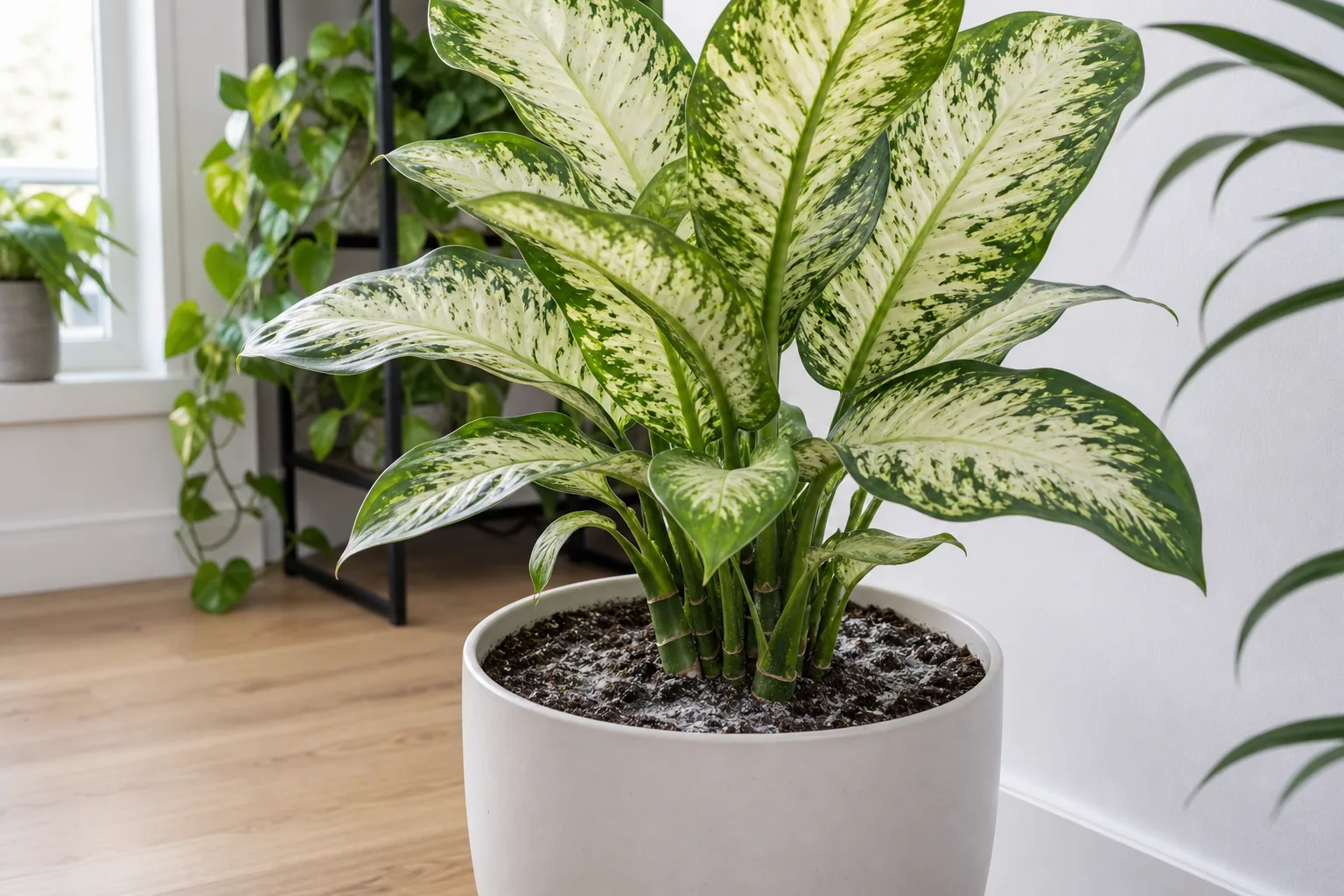 Mold on soil on Dieffenbachia Tropic Snow - white fuzzy patches on damp potting mix around cane bases