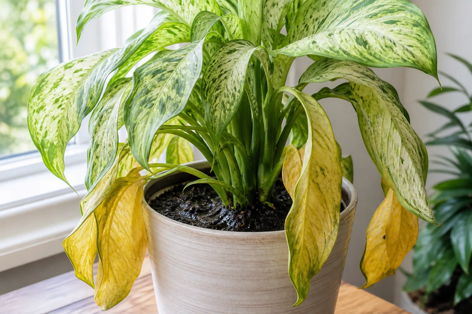 Overwatering on Dieffenbachia Tropic Snow - visible symptom on the plant