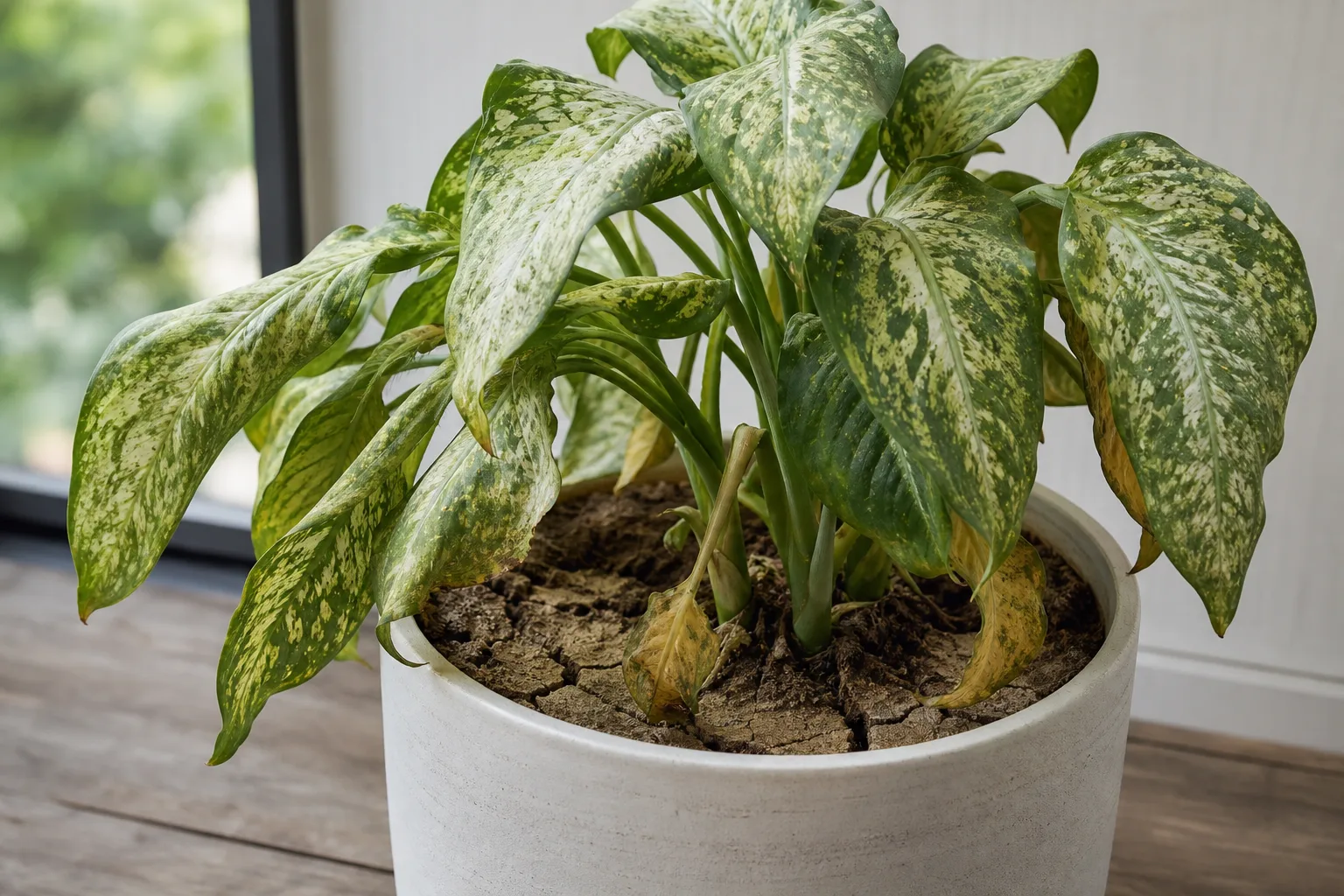 Underwatering on Dieffenbachia Tropic Snow - visible symptom on the plant