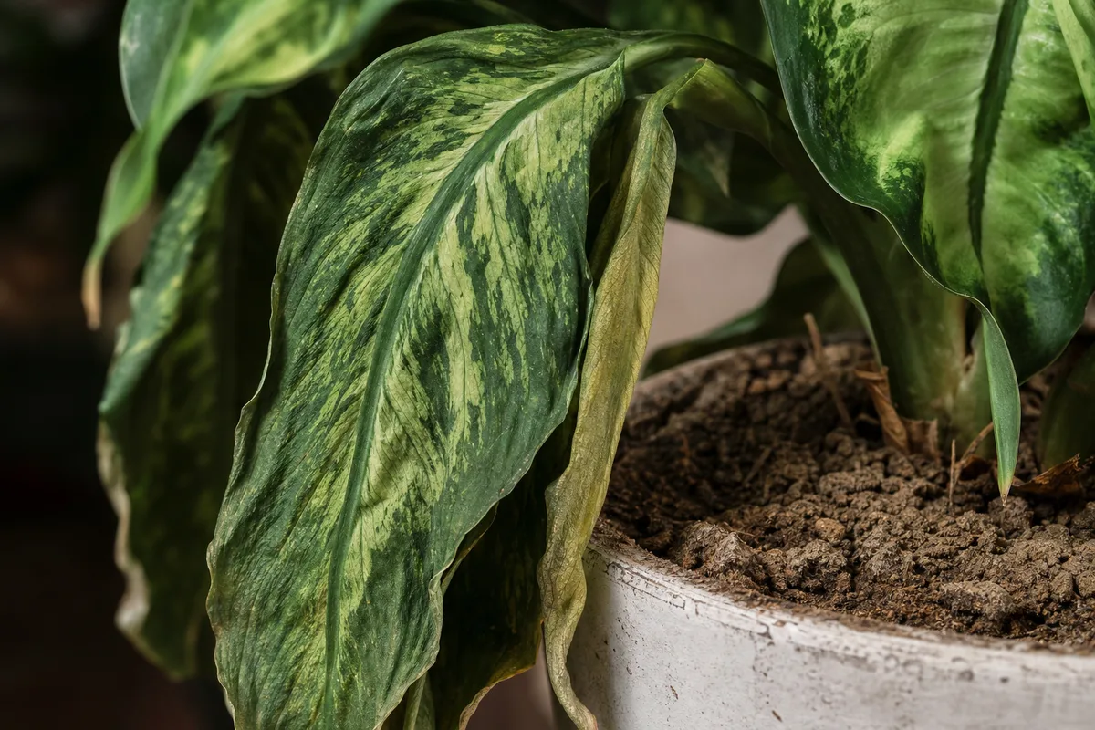 Close-up of Underwatering on Dieffenbachia - diagnostic detail