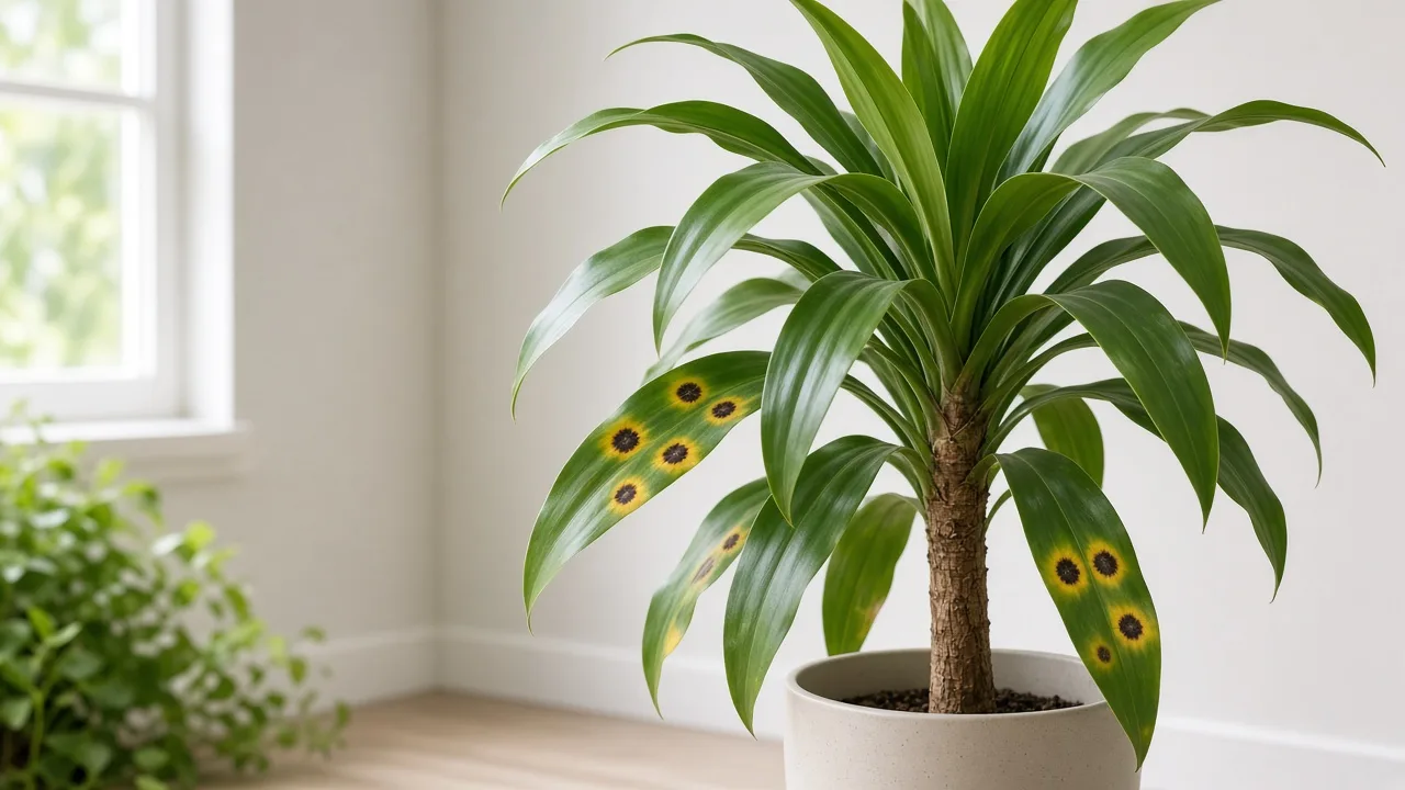 Black spots on Dracaena - dark lesions on long strap leaves of a corn plant cane