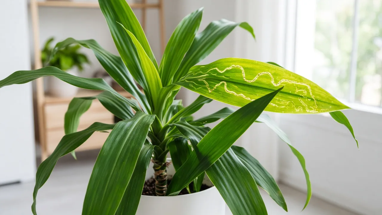 Leaf miners on Dracaena - pale winding tunnel visible inside a strap leaf when backlit