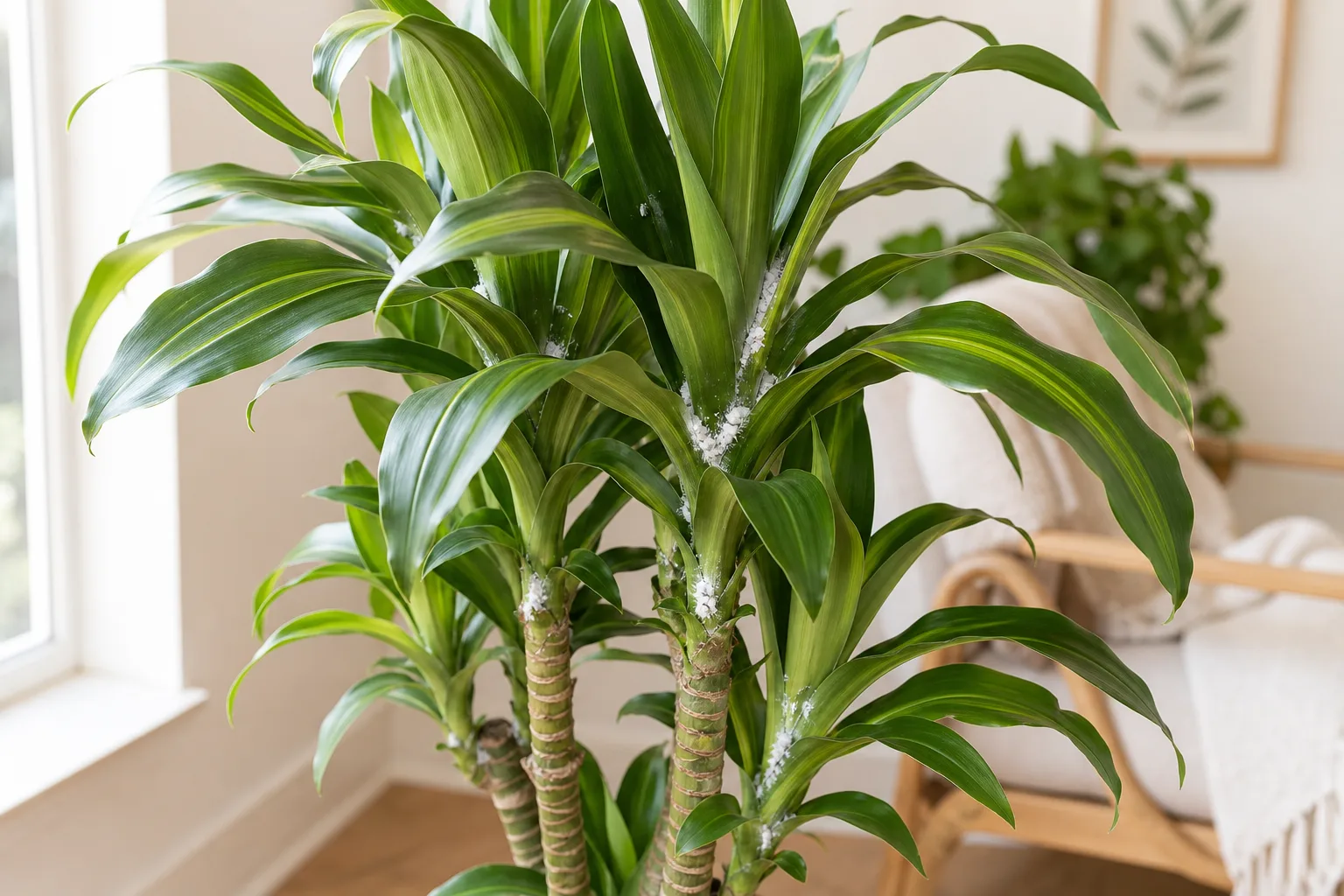 Mealybugs on Dracaena - white cottony clusters in corn plant leaf axils