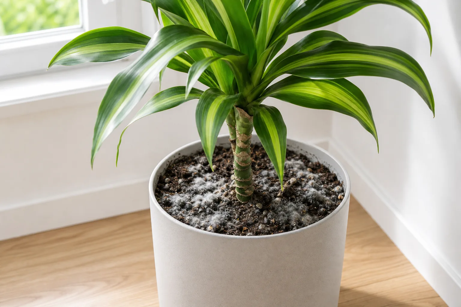 Mold on soil on Dracaena - white fuzzy fungus on damp potting mix surface