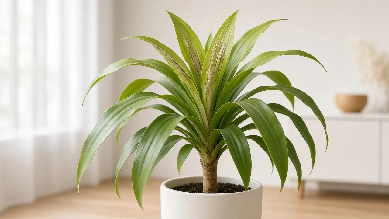Thrips on Dracaena - silvery scrape marks and distorted new strap leaves at the crown