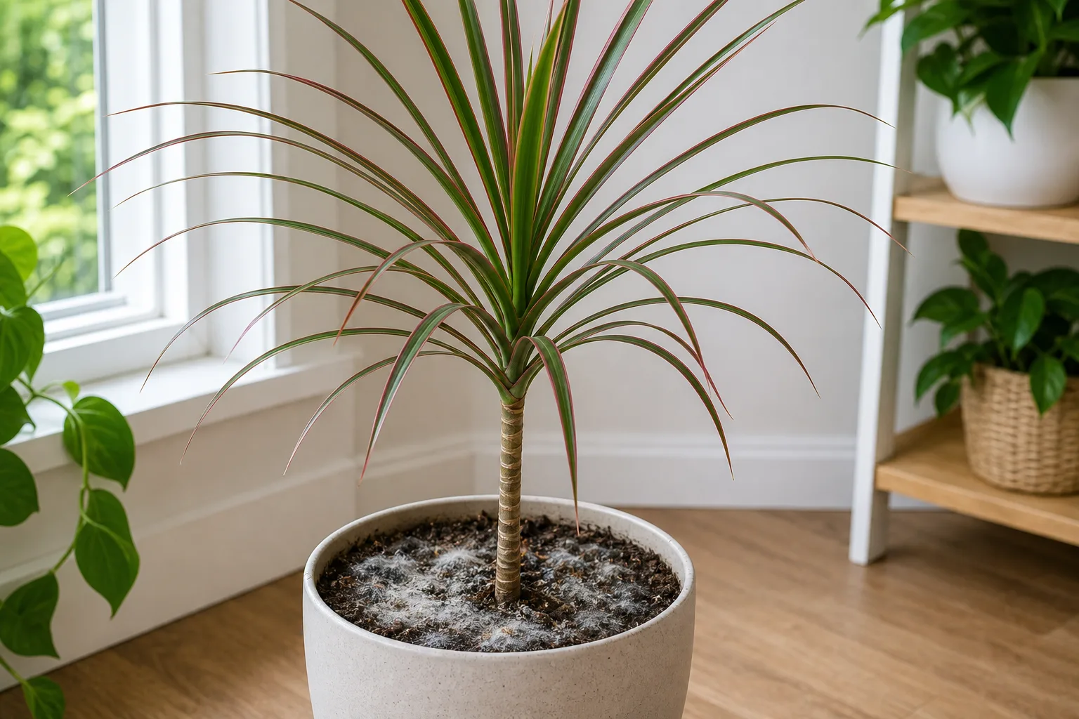 Mold on soil on Dragon Tree - white fuzzy film on damp potting mix at the cane base