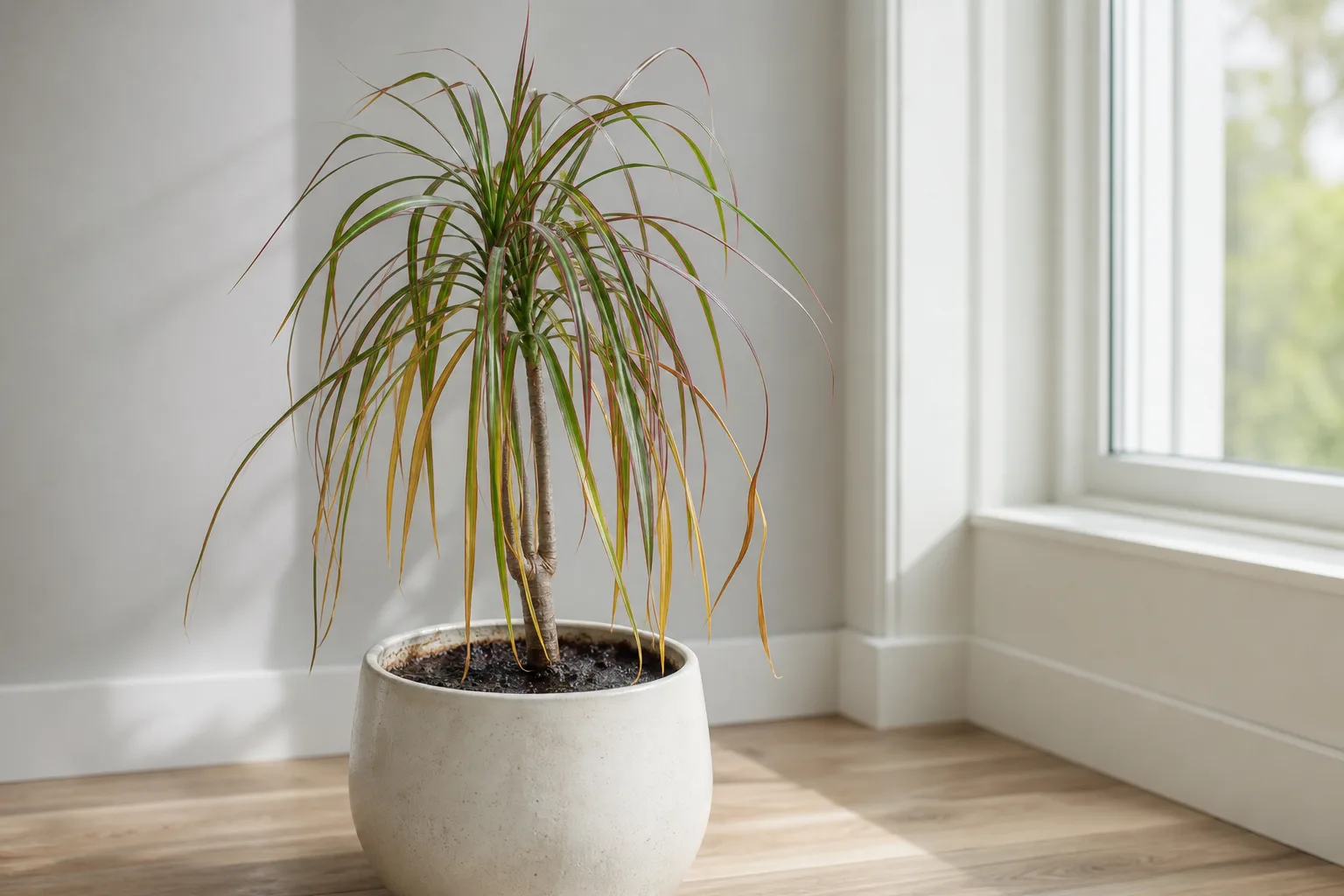 Overwatering on Dragon Tree - limp drooping crown leaves on damp potting soil