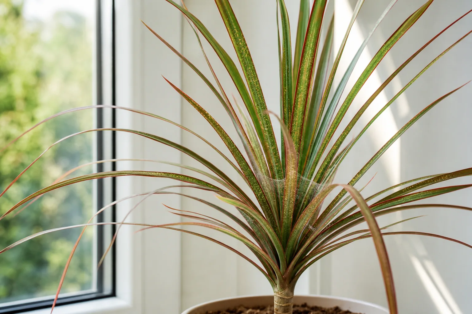 Spider mites on Dragon Tree - fine yellow stippling and webbing on red-edged strap leaves