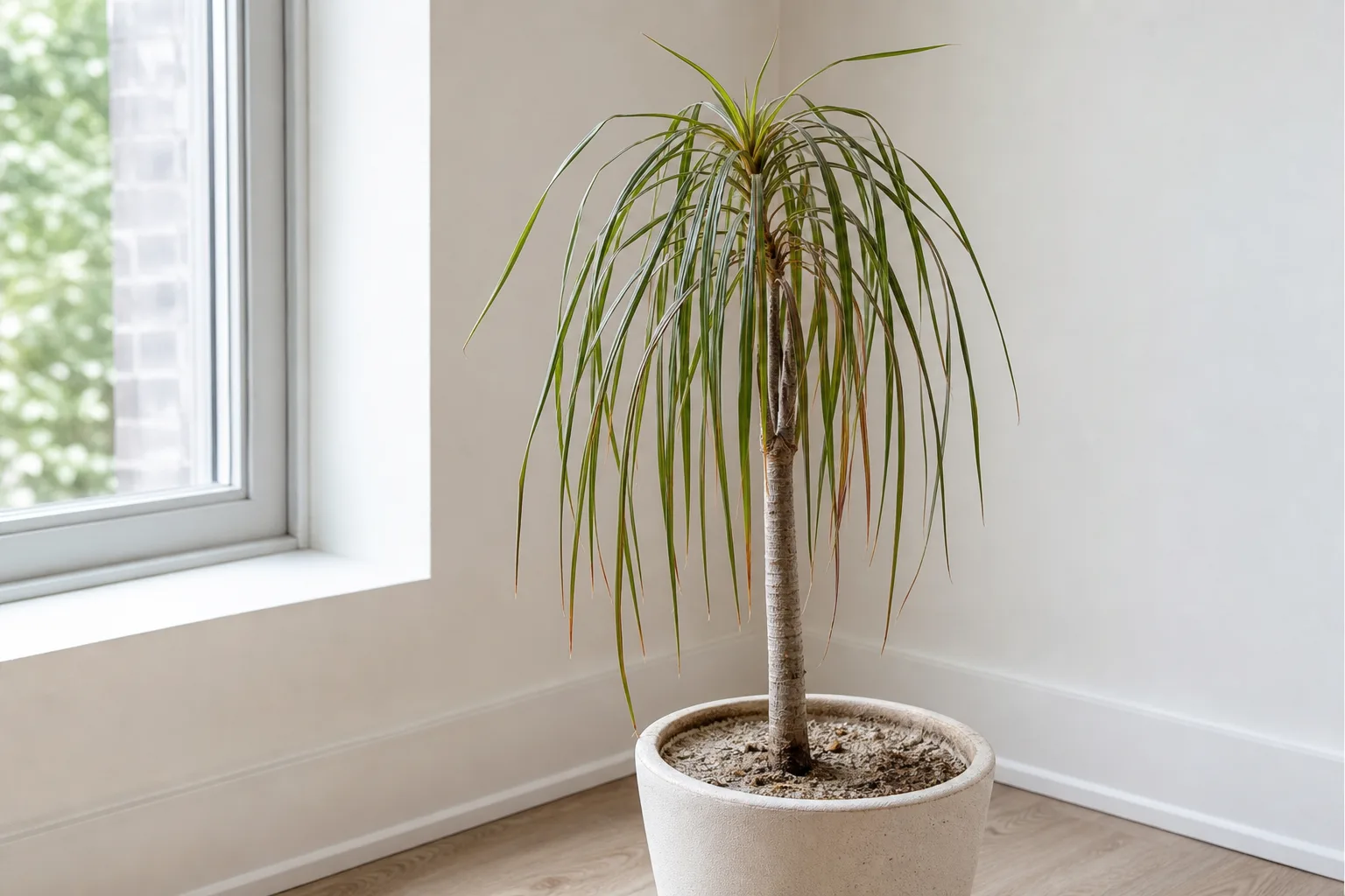 Underwatering on Dragon Tree - drooping crown leaves above dry dusty soil