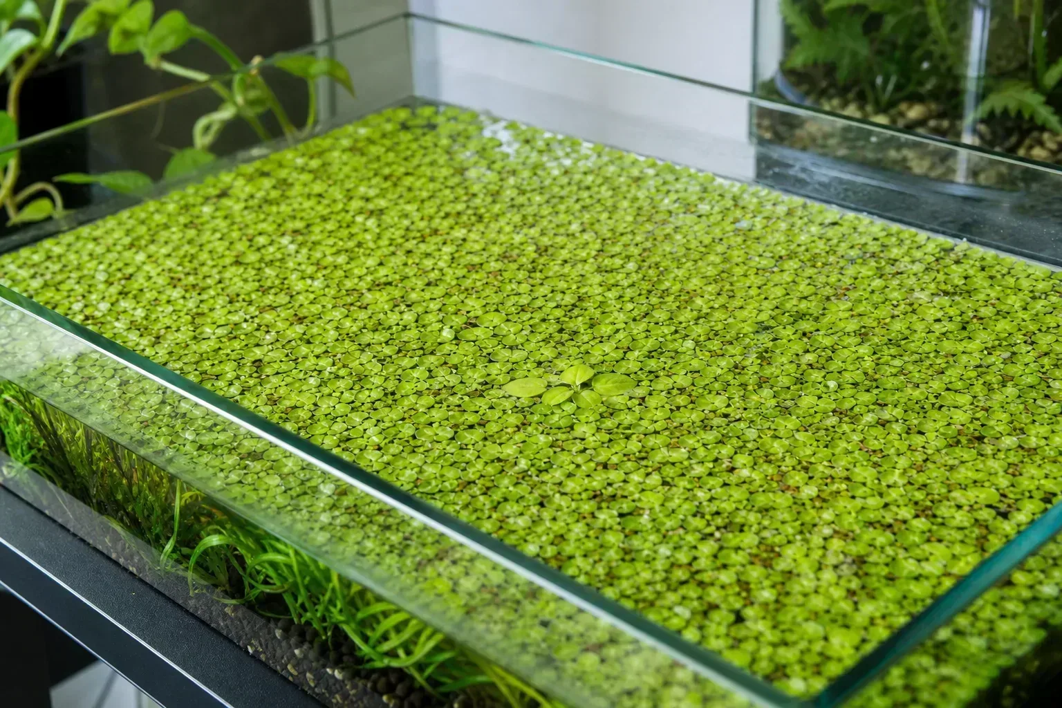 Aphids on Duckweed - tiny green and brown insects clustered on the floating surface mat