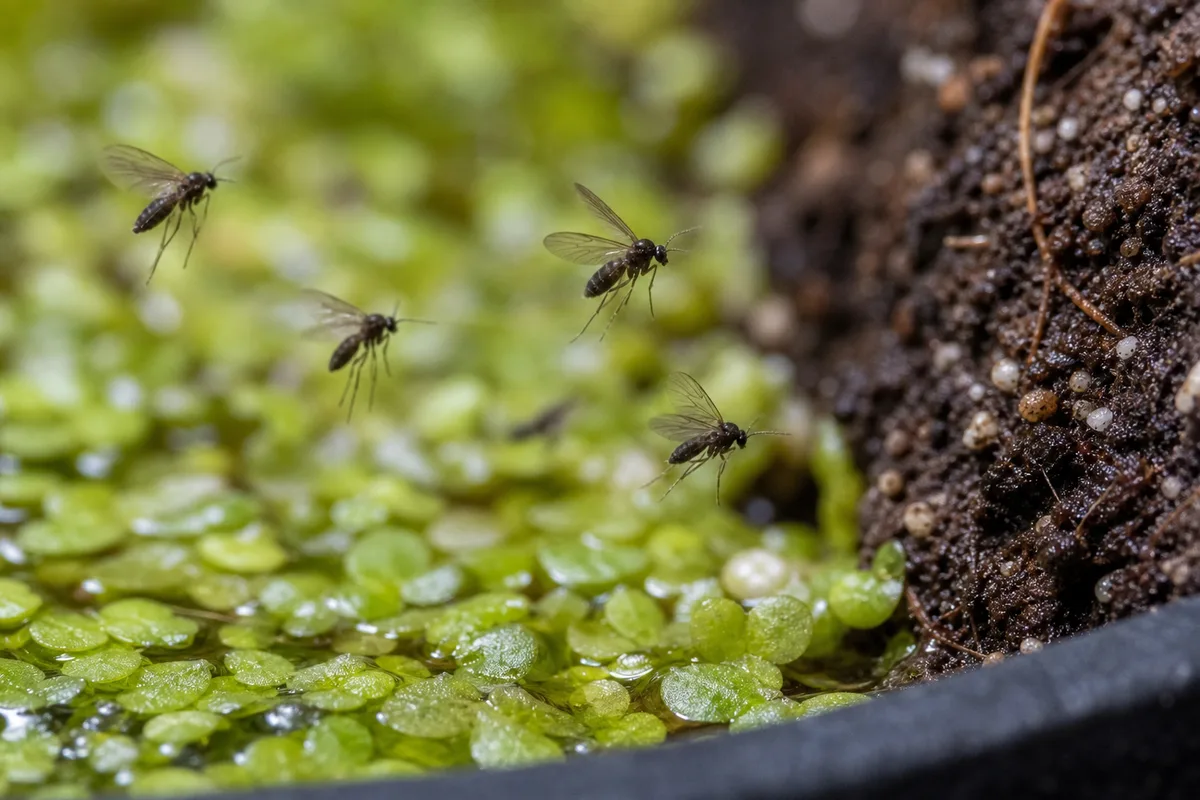 Close-up of fungus gnats near Duckweed - delicate dark flies hovering above green fronds at the water surface