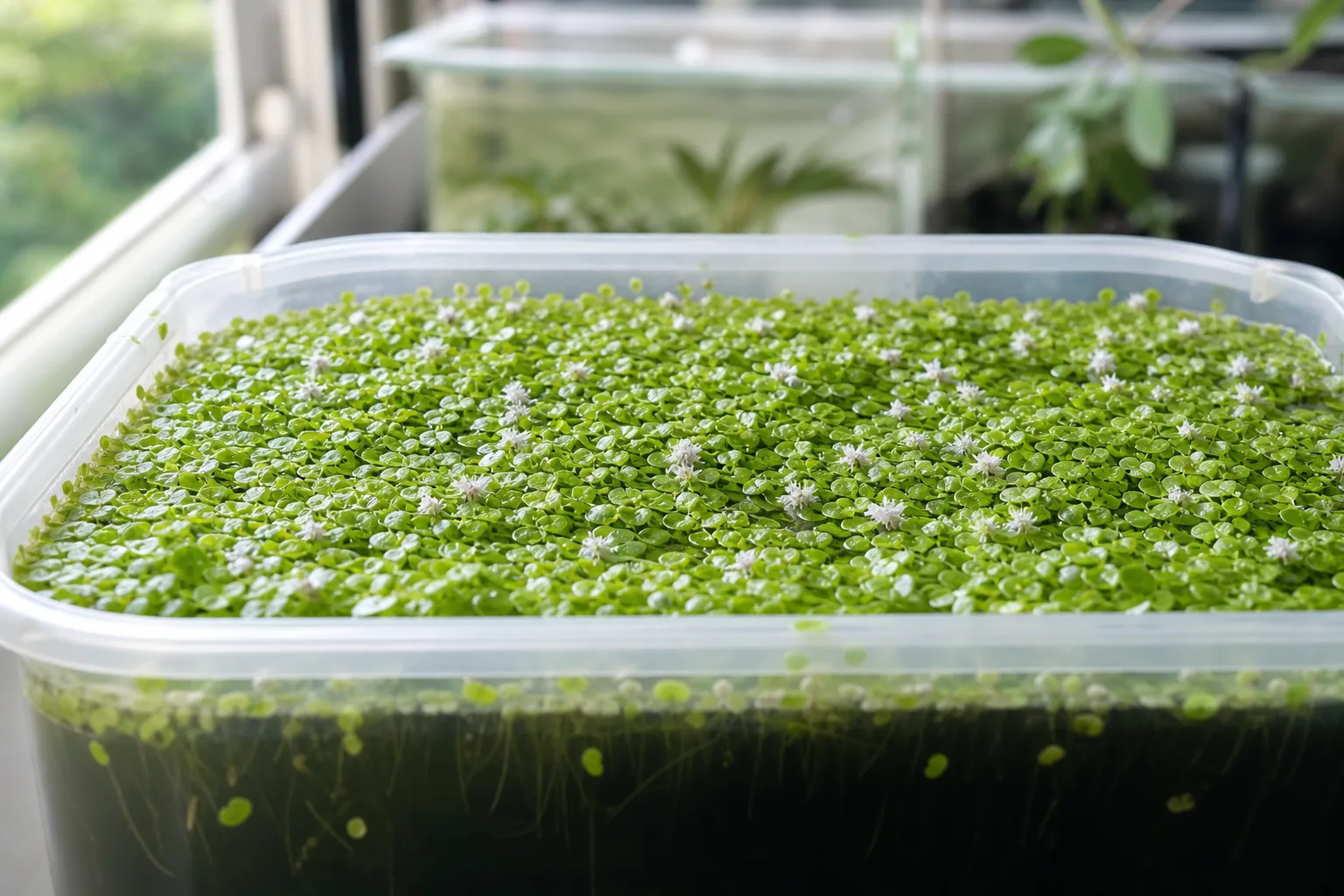 Mealybugs on Duckweed - white cottony clusters on fronds at the waterline
