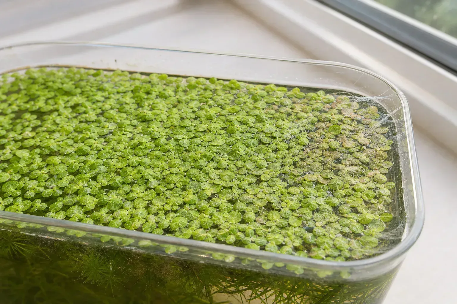 Spider mites on duckweed - stippled bronzed fronds and fine silk webbing on a floating surface mat