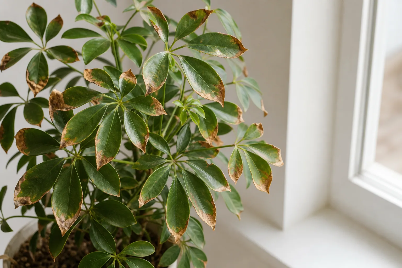 Low Humidity on Dwarf Umbrella Tree - visible symptom on the plant