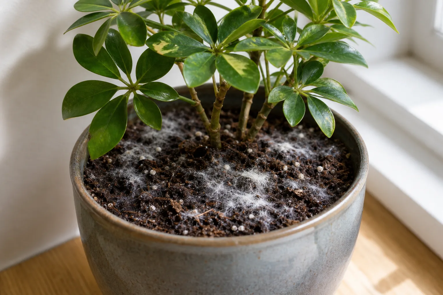 Mold on Soil on Dwarf Umbrella Tree - visible symptom on the plant