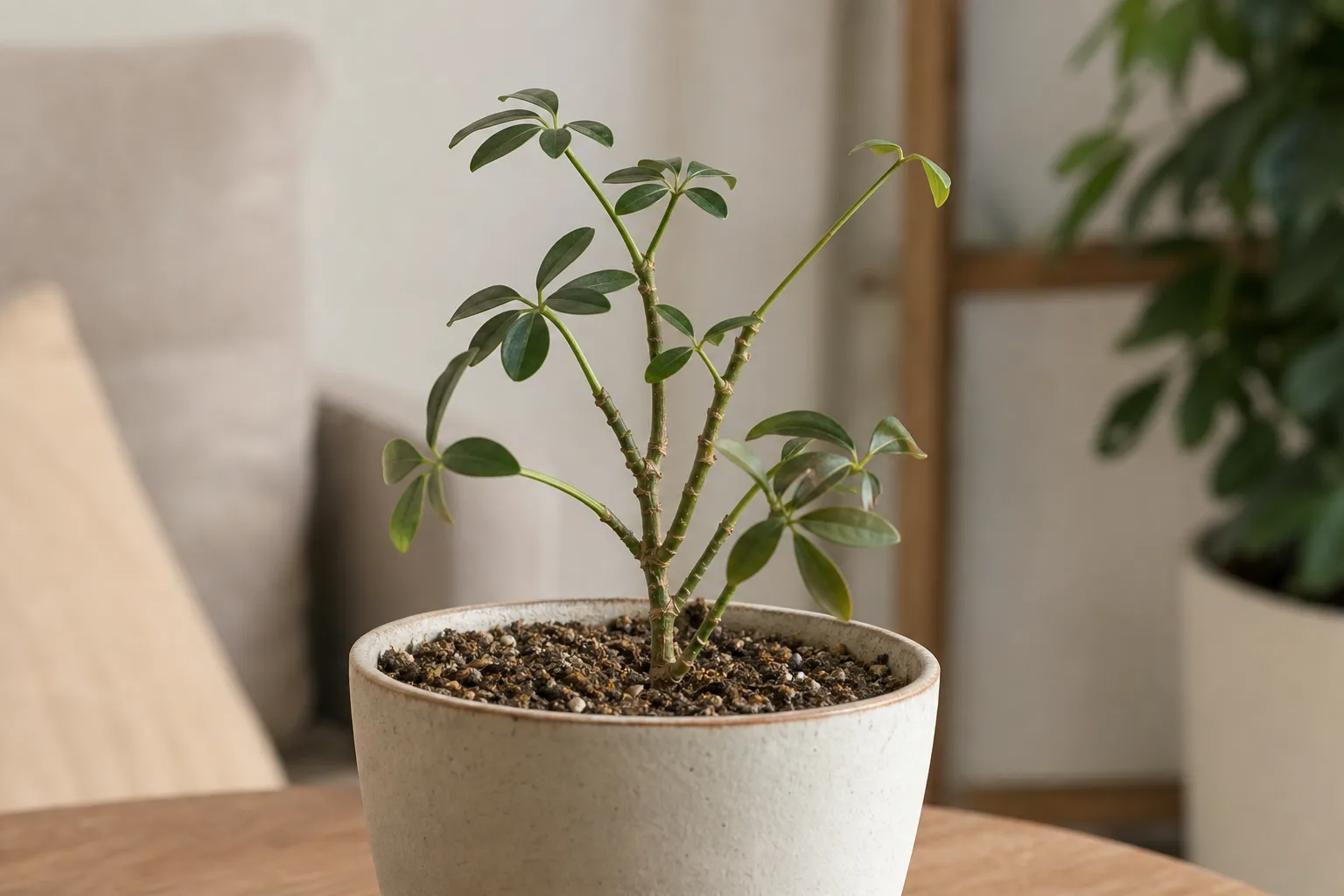 Slow Growth on Dwarf Umbrella Tree - visible symptom on the plant