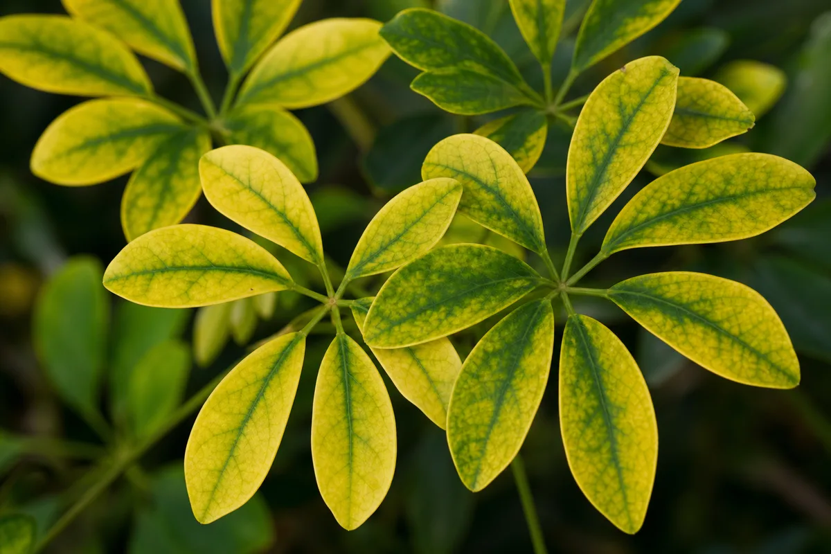 Close-up of Yellow Leaves on Dwarf Umbrella Tree - diagnostic detail