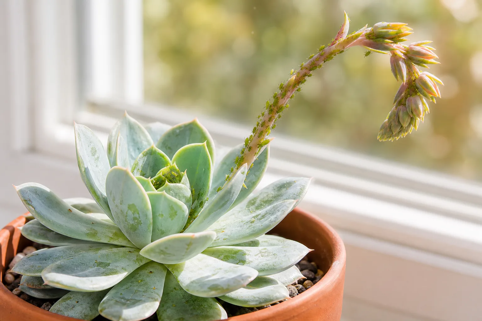 Aphids on Echeveria - green pear-shaped insects clustered on a flower stalk and tender rosette center leaves